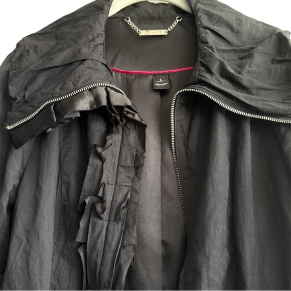 WHBM Ruffle Rain Jacket Belted Rhinestone & Satin Trench Coat Black Pink Size L - Picture 6 of 15